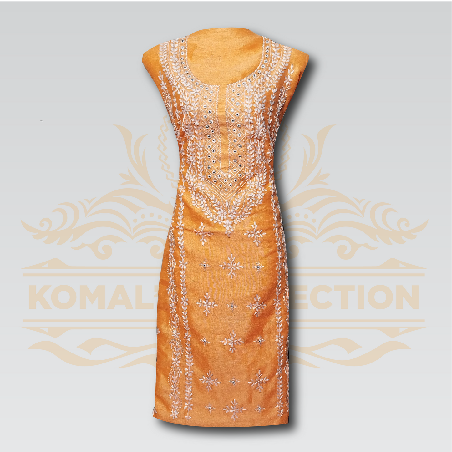 Orange Unstitched Shirt with Embroidery & Mirror Work